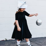 VELVET MID SLEEVE TWIRL- Onyx Stretch Velvet Twirl Dress - HoneyBug 