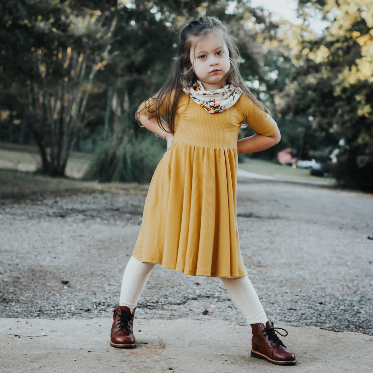 MID SLEEVE TWIRL DRESS- Honey Mustard Ribbed