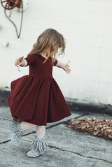 MID SLEEVE TWIRL DRESS- Black Cherry Ribbed - HoneyBug 