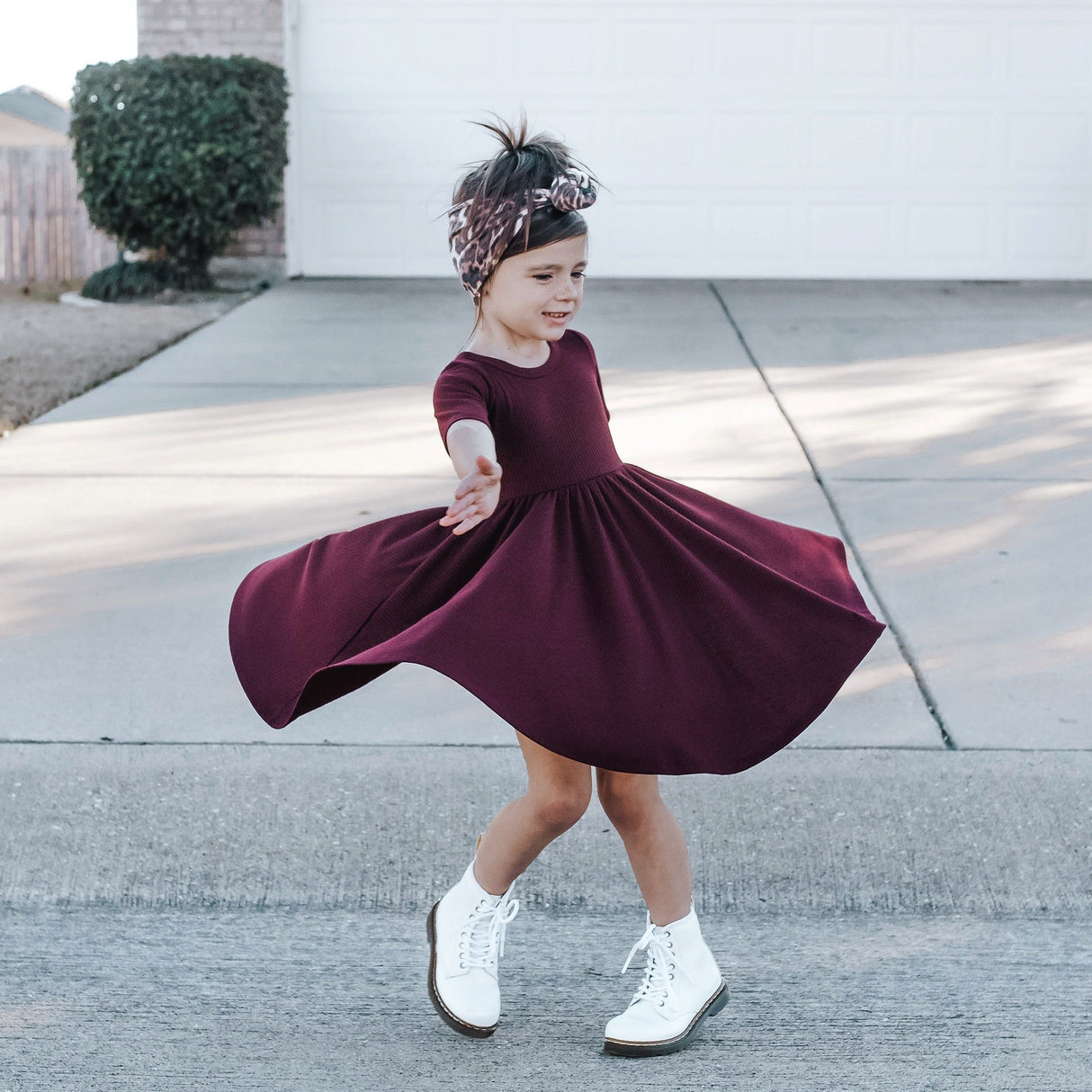 MID SLEEVE TWIRL DRESS- Black Cherry Ribbed - HoneyBug 