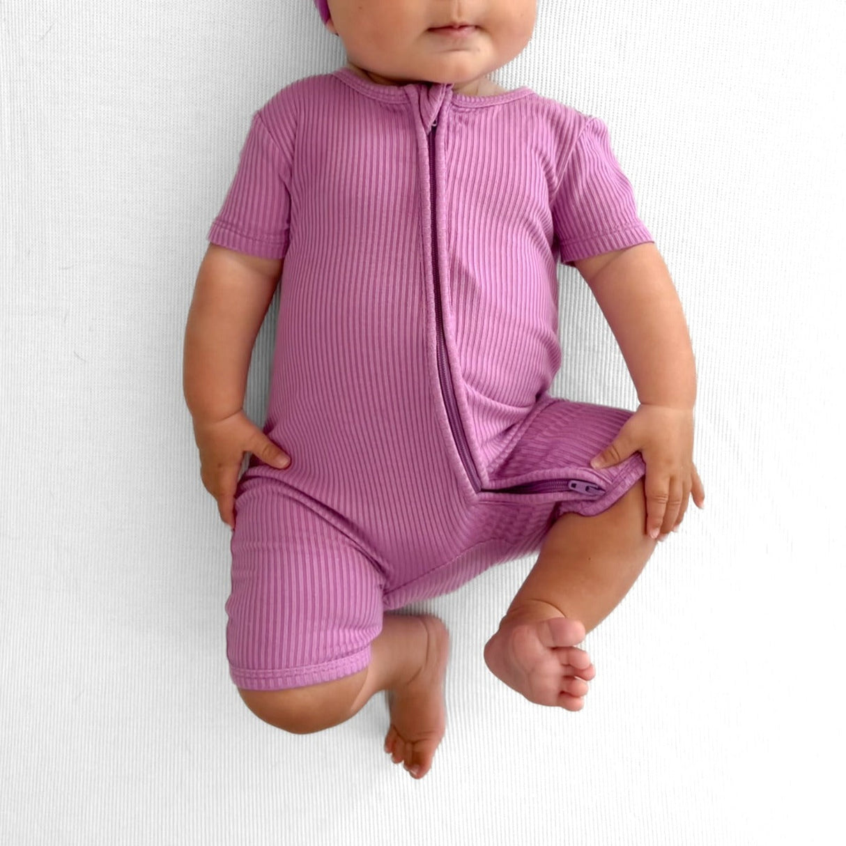 SHORTIE ZIP ROMPER - Lilac Ribbed - HoneyBug 
