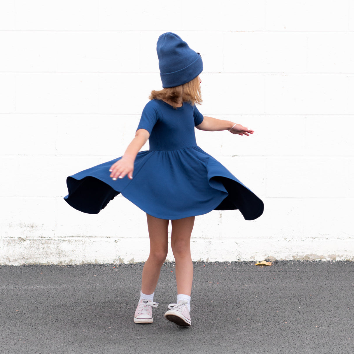 MID SLEEVE TWIRL DRESS- Navy Ribbed - HoneyBug 