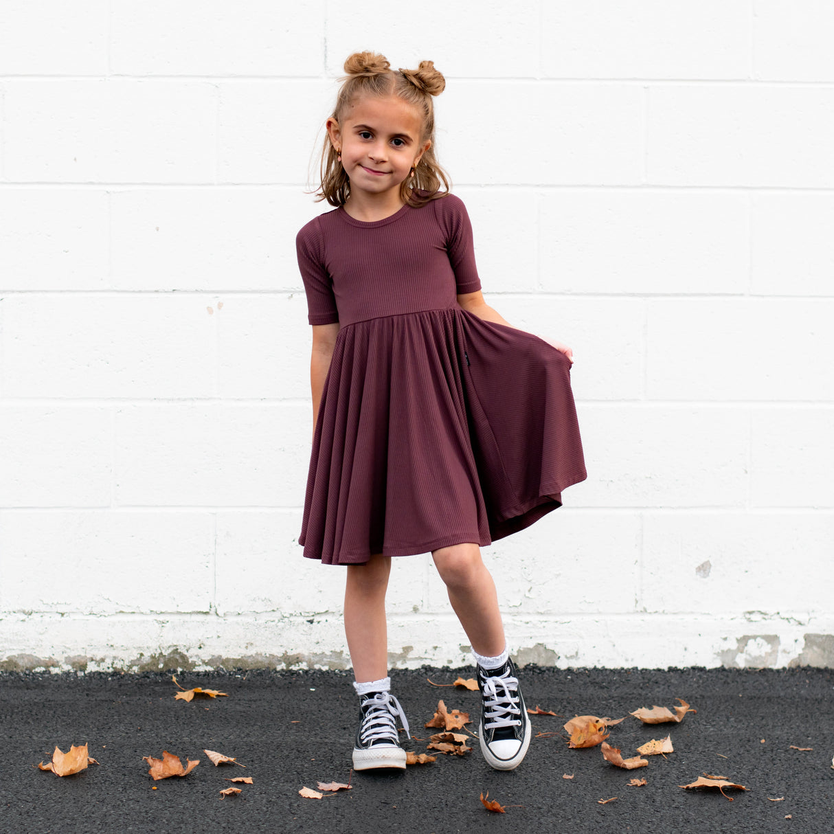 MID SLEEVE TWIRL DRESS- Black Cherry Ribbed - HoneyBug 