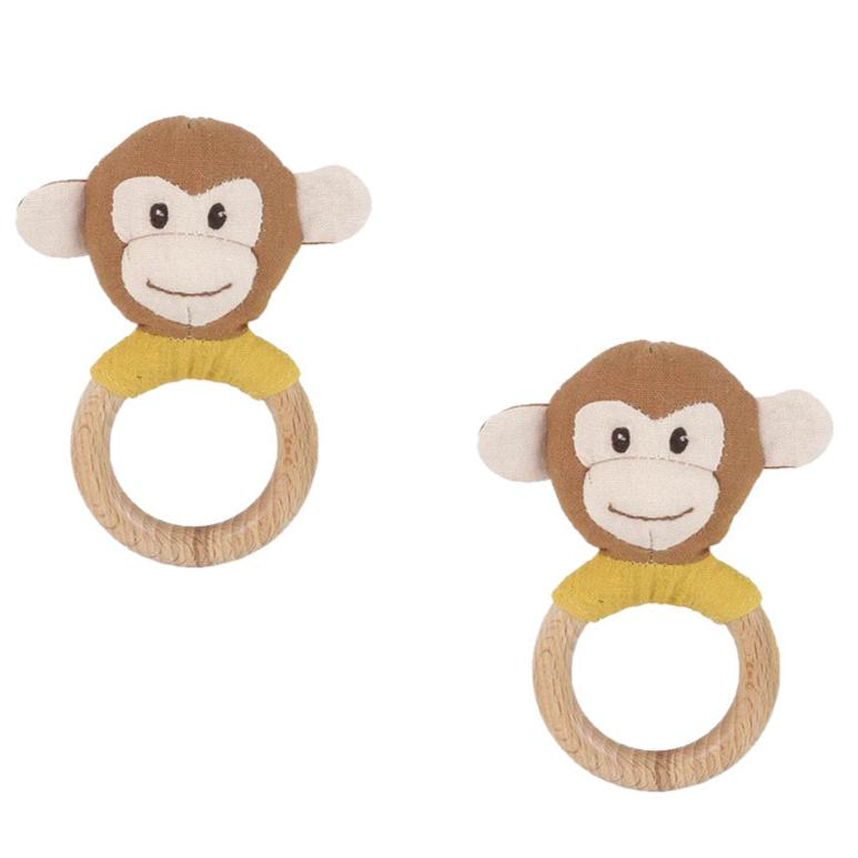 Linen Monkey Wood Rattle - 2PC Assortment