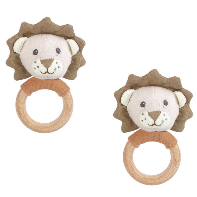 Linen Lion Wood Rattle - 2PC Assortment