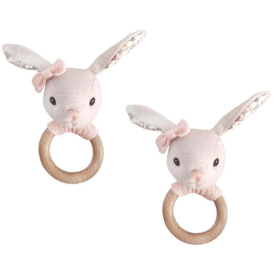 Linen Bunny Wood Rattle - 2PC Assortment