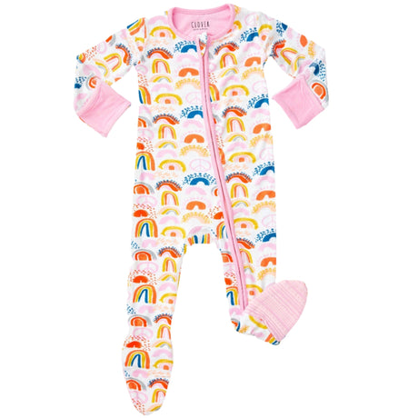 Soft & Stretchy Zipper Footie - Rainbows Pink - HoneyBug 