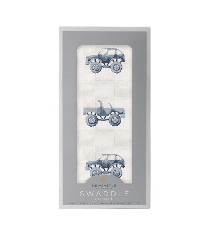 Indigo Monster Trucks Cotton Swaddle - HoneyBug 