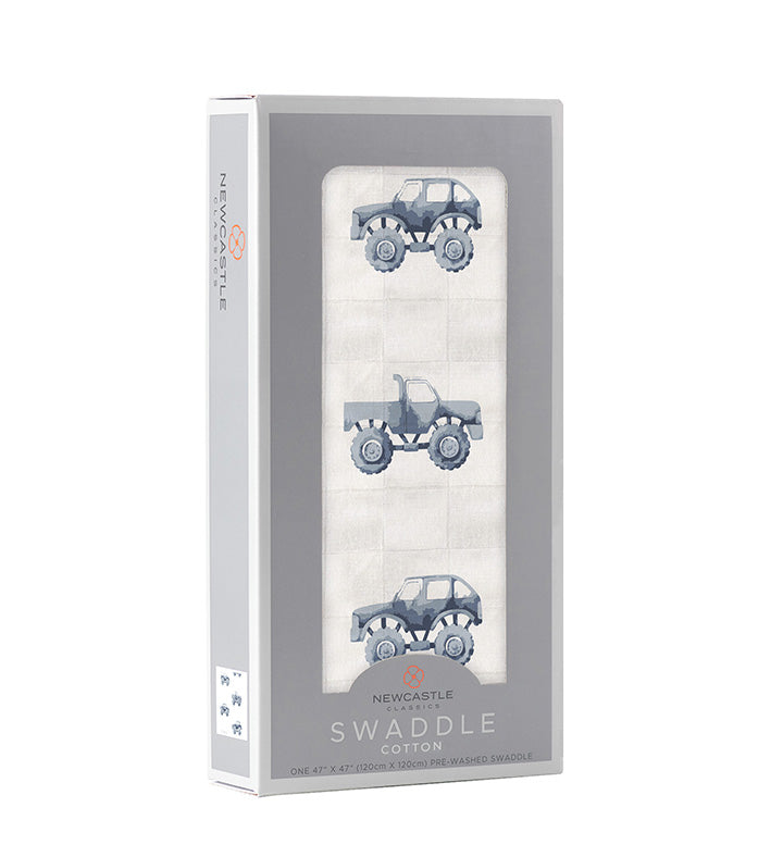 Indigo Monster Trucks Cotton Swaddle - HoneyBug 