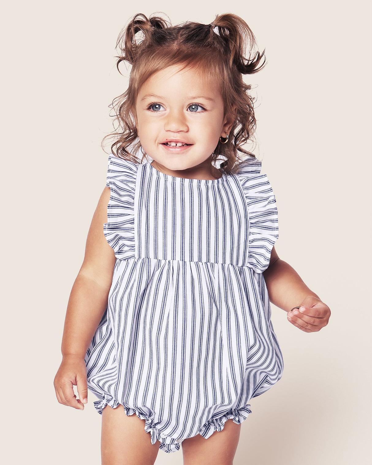 Baby's Twill Ruffled Romper in Navy French Ticking