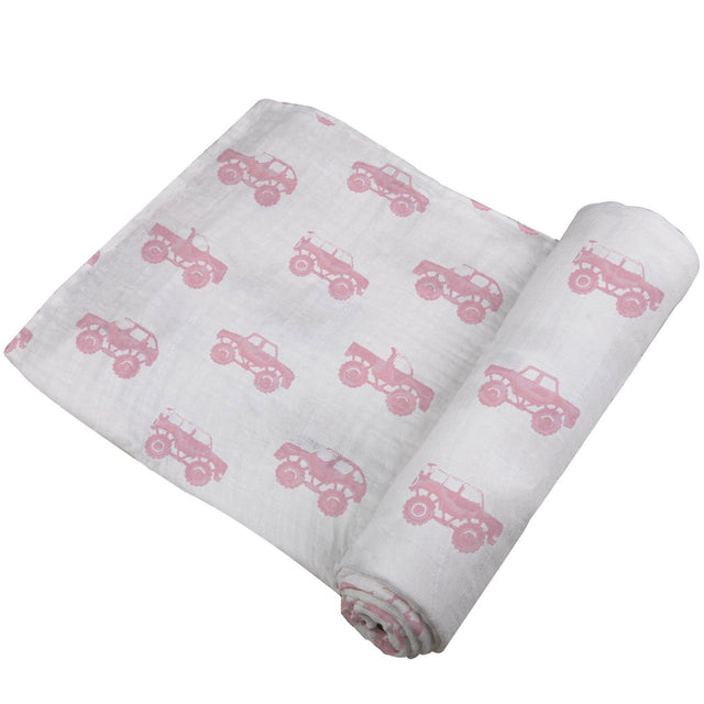 Pink Monster Trucks Bamboo Muslin Swaddle - HoneyBug 