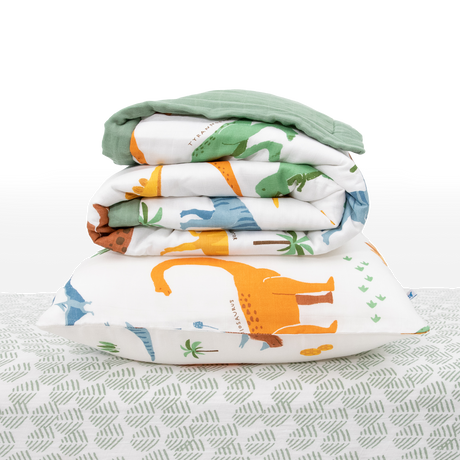 Cotton Muslin Toddler Bedding 3 Piece Set - Dino Names