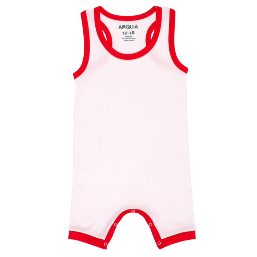 100% Peruvian Pima Cotton White with Engine Red Sleeveles Summer Romper - HoneyBug 