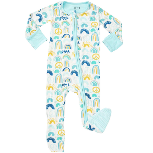 Soft & Stretchy Zipper Footie - Rainbows Blue - HoneyBug 