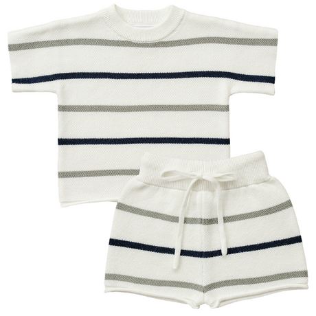 Sage + Navy Stripe Knit Short Set - HoneyBug 