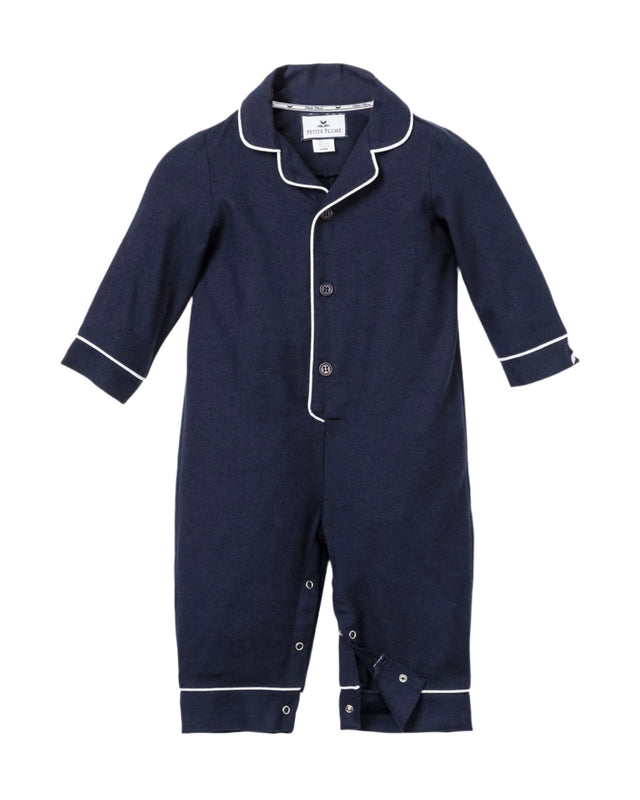 Baby's Flannel Romper in Navy with White Piping - HoneyBug 