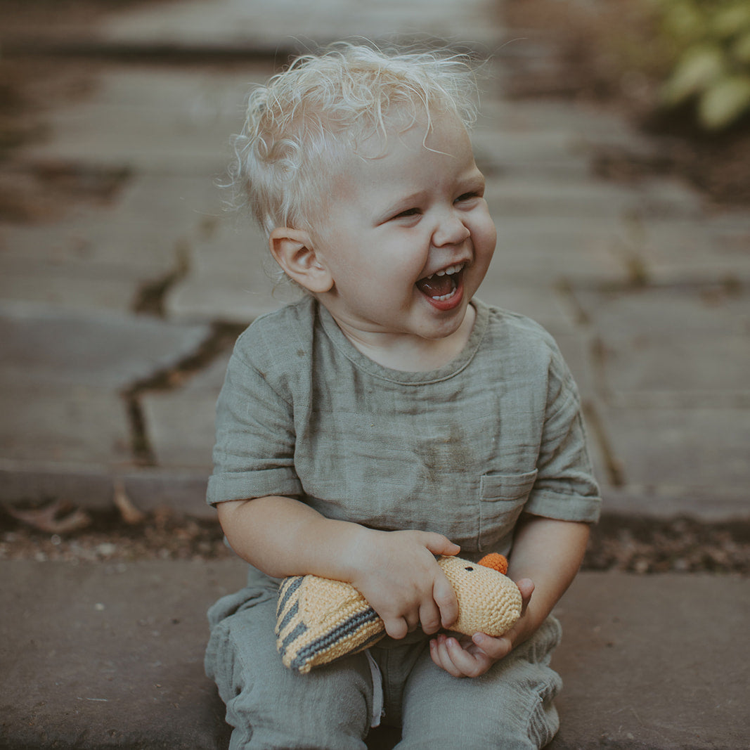 Baby Duck Rattle - Stripey Yellow