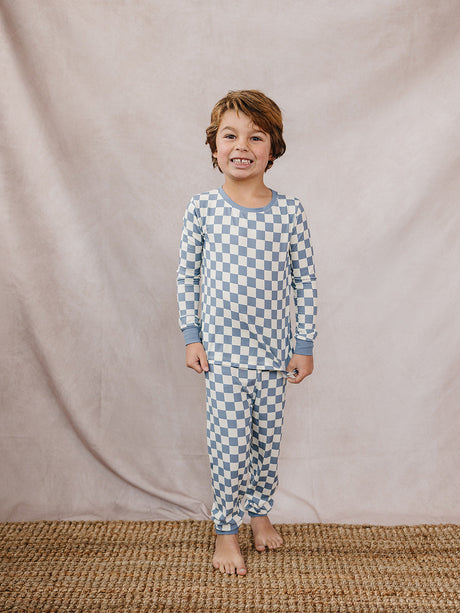 Blue Checkered Ribbed Bamboo Cozy Set