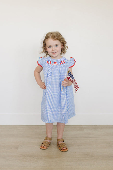 Flag Gingham Smocked Dress - HoneyBug 