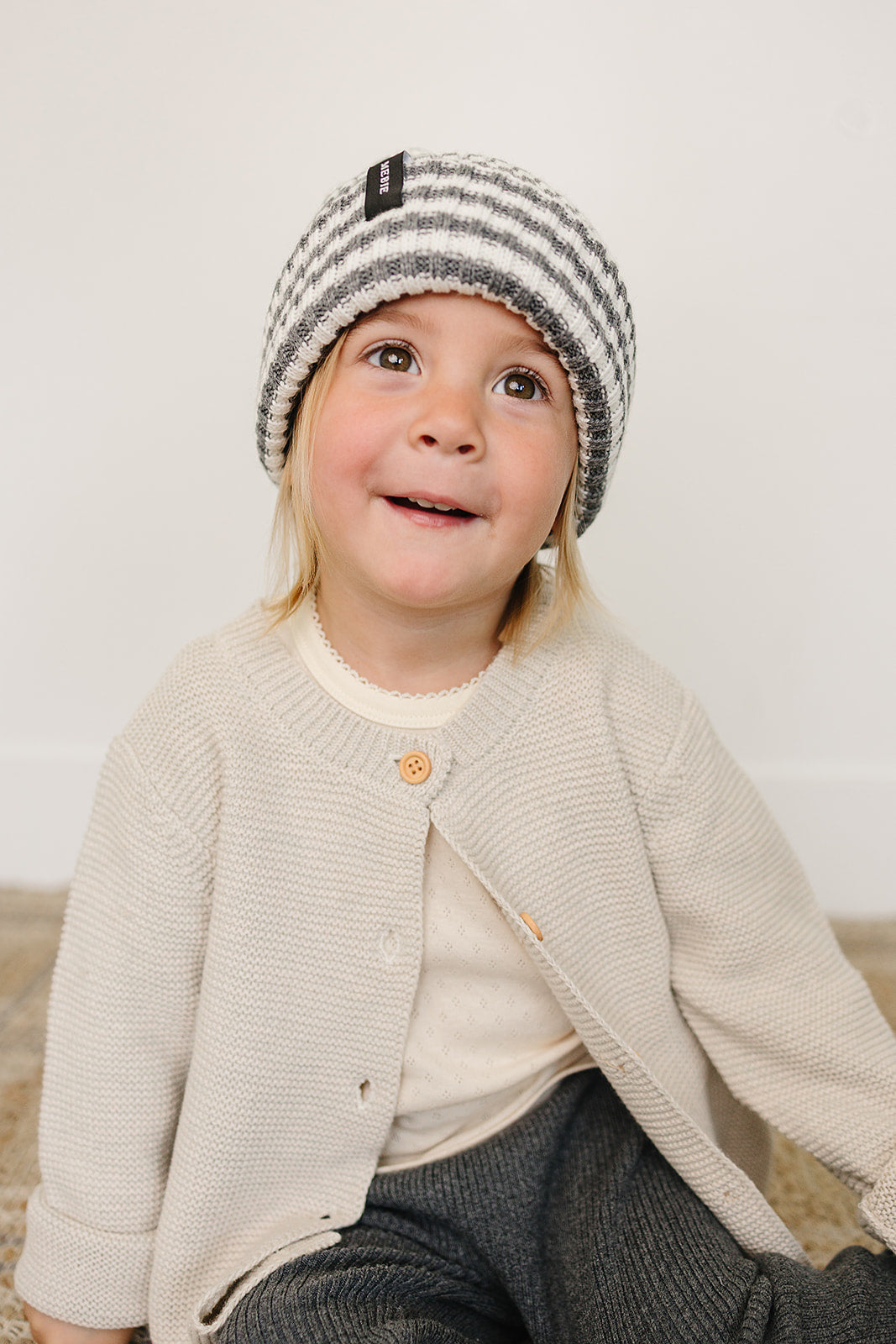 Grey & White Stripe Chunky Knit Beanie - HoneyBug 