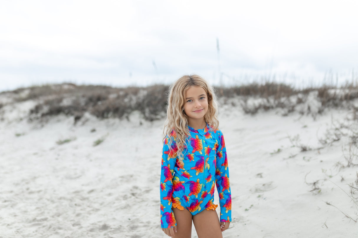 Mia Blue Rainbow Turtle Zip Swimsuit - HoneyBug 