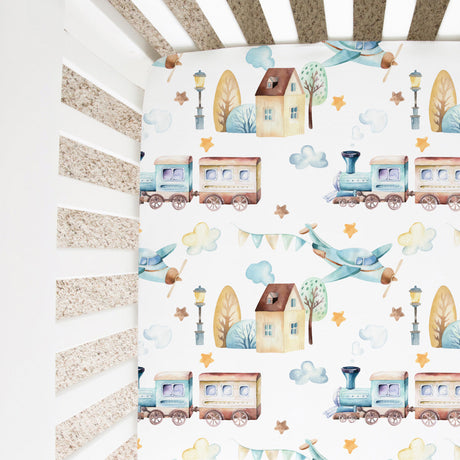 Fitted Crib Sheet - Airplane & Train