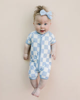 Bamboo Shorty Romper | Blue Checkered - HoneyBug 