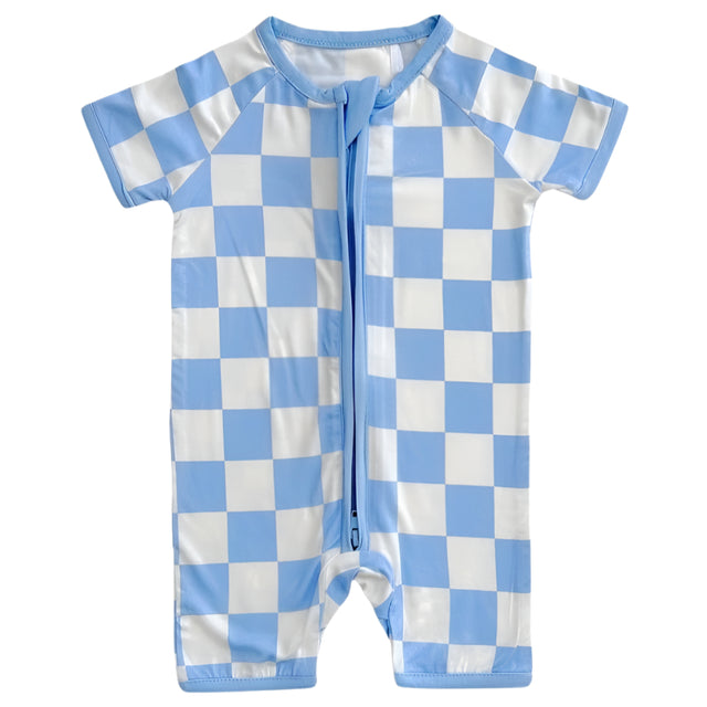 Bamboo Shorty Romper | Blue Checkered - HoneyBug 
