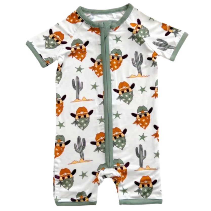 Bamboo Shorty Romper | Smiley Cowboy - HoneyBug 