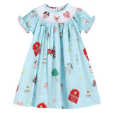 Barnyard Print Farm Animal Smocked Bishop Dress