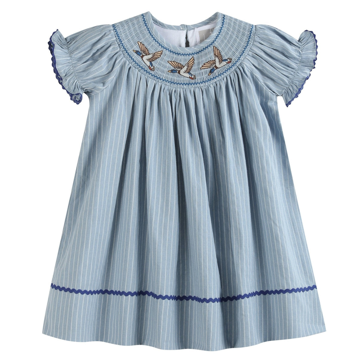 Blue Pinstripe Mallard Duck Smocked Bishop Dress