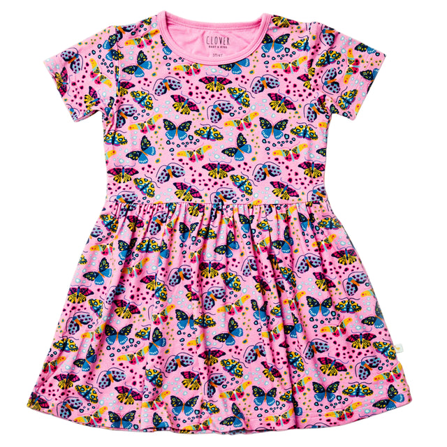 Stretchy Short Sleeve Twirl Dress - Butterflies - HoneyBug 