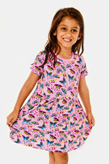 Stretchy Short Sleeve Twirl Dress - Butterflies - HoneyBug 