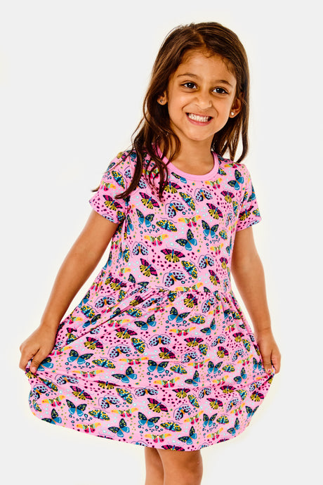 Stretchy Short Sleeve Twirl Dress - Butterflies - HoneyBug 