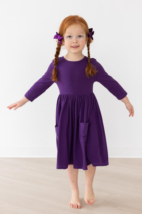 Purple 3/4 Sleeve Pocket Twirl Dress