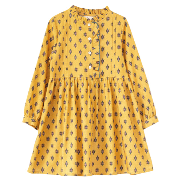 Girls' Long Sleeves Dress with Front Ruffle| Yellow and Pink - HoneyBug 
