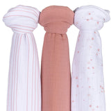 3 Pack Cotton Muslin Swaddle Blanket - Dusty Rose Stars - HoneyBug 