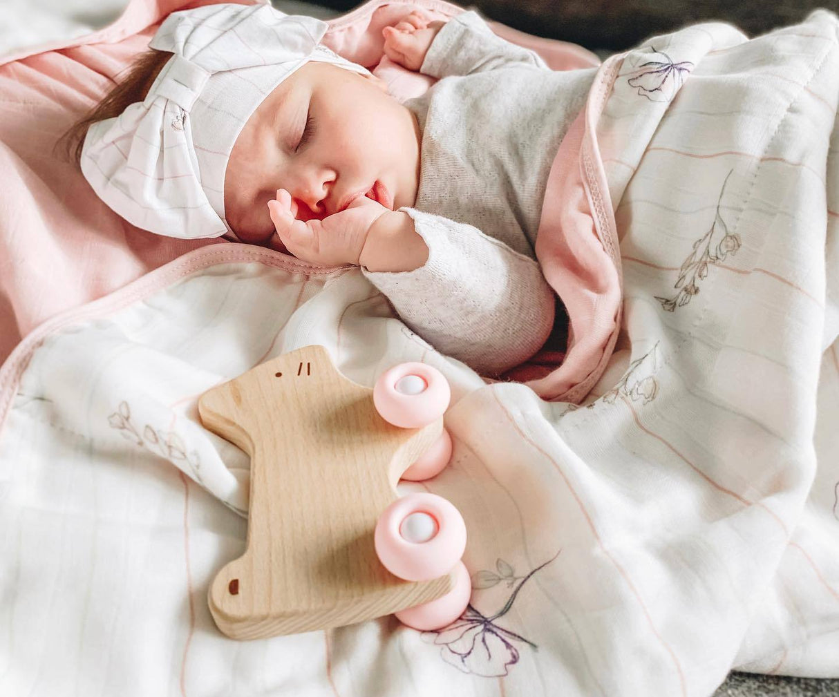 Pink Kitten Silicone + Wood Teether with Wheels