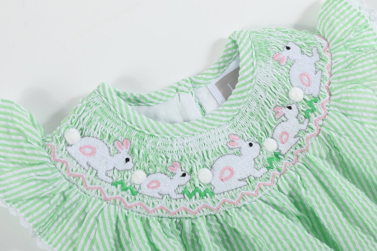 Green Seersucker Easter Bunny Smocked Flutter Romper