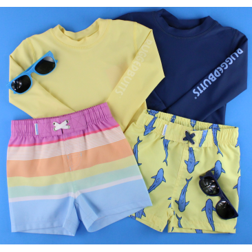 RuggedButts Boys Rainbow Stripe Swim Trunks & Rash Guard with Roshambo Blue Sunglasses - HoneyBug 