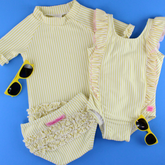 RuffleButts Baby Seersucker Rash Guard Bikini with Roshambo Yellow Sunglasses - HoneyBug 