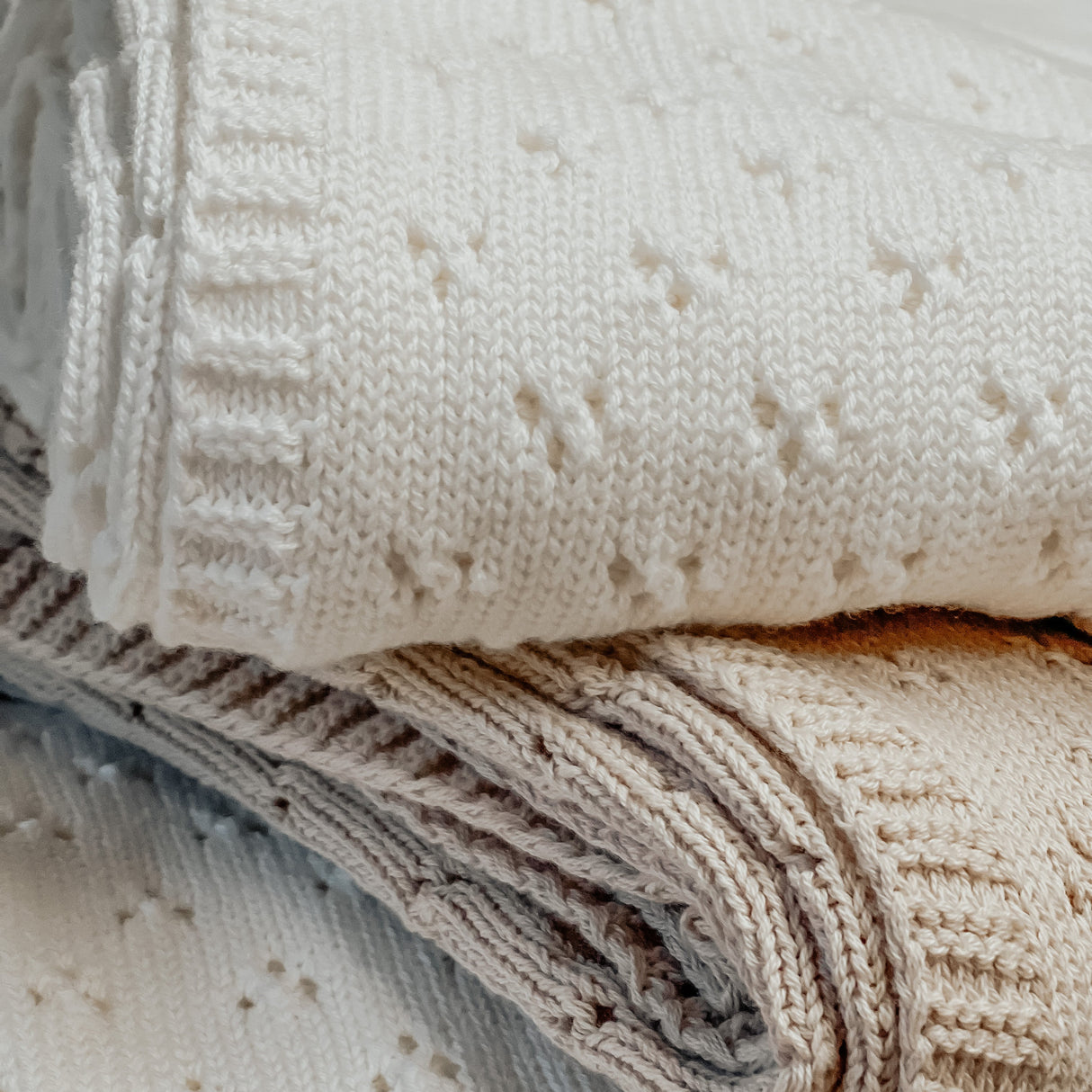 Vanilla White Pointelle Knit Blanket