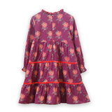 Girls' Long Sleeves Tiered Skirt Dress with Velvet Trim | Purple and Red - HoneyBug 