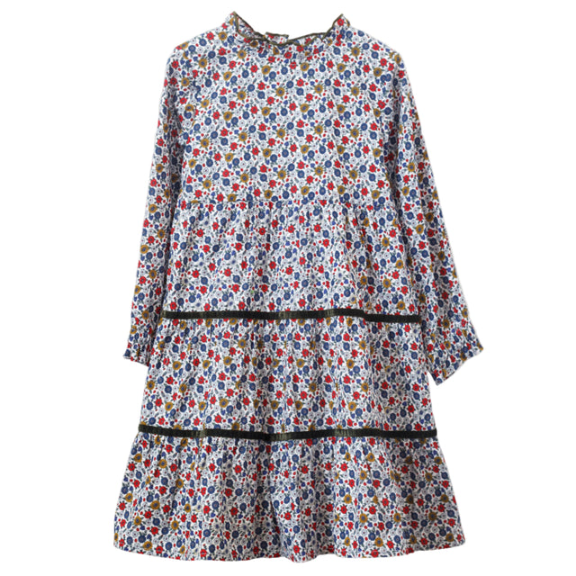 Girls' Long Sleeves Tiered Skirt Dress with Velvet Trim | Blue and Mustard - HoneyBug 