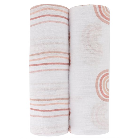 2 Pack Cotton Muslin Swaddle Blanket - Dusty Pink Rainbow - HoneyBug 