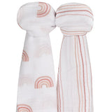 2 Pack Cotton Muslin Swaddle Blanket - Dusty Pink Rainbow - HoneyBug 