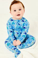 Soft & Stretchy Zipper Footie - Monkeying Around Blue - HoneyBug 