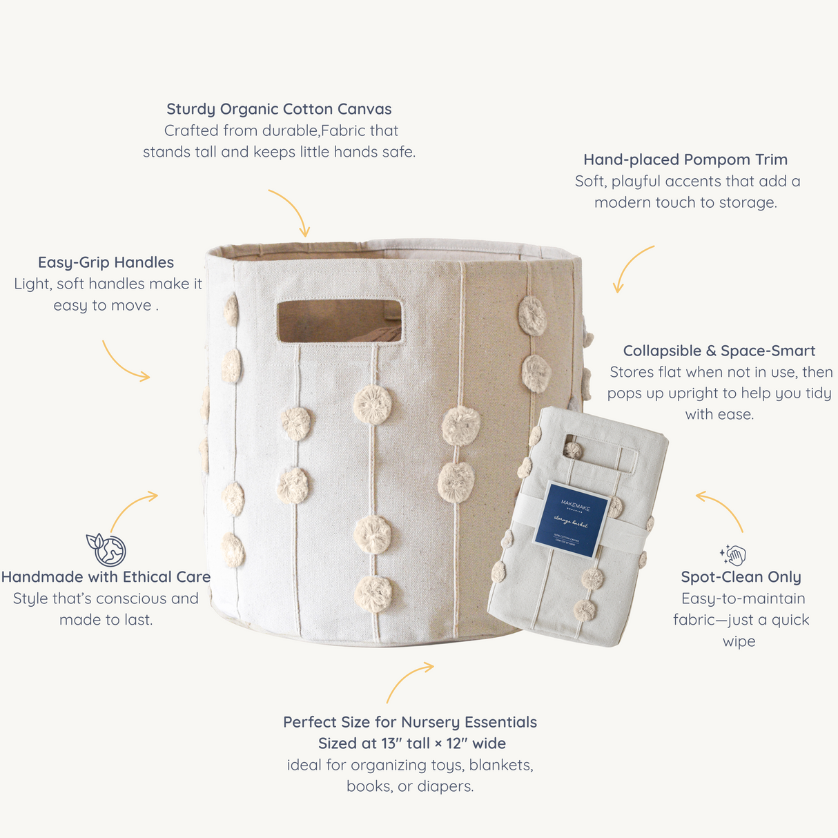 Handmade Canvas Storage Basket Pom Pom - Oat