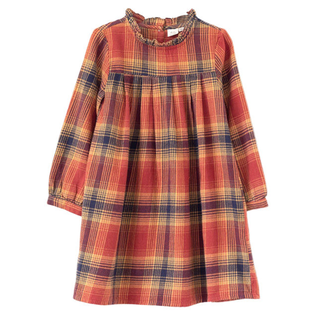 Girls' Long Sleeve Plaid Flannel Dress | Orange Check - HoneyBug 
