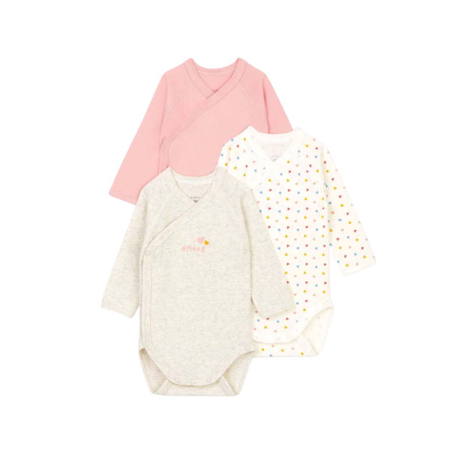 Petit Bateau Baby Girl Long Sleeve Crossover Heart Bodysuits (Pack of 3)